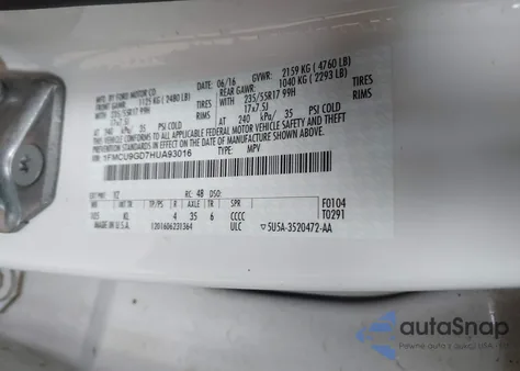 2017 Ford Escape Se из США, поврежденный, VIN 1FMCU9GD7HUA93016